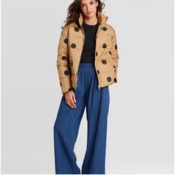 Who What Wear Gold and Black Polka Dot Puffer Jacket Size L - Picture 3 of 8